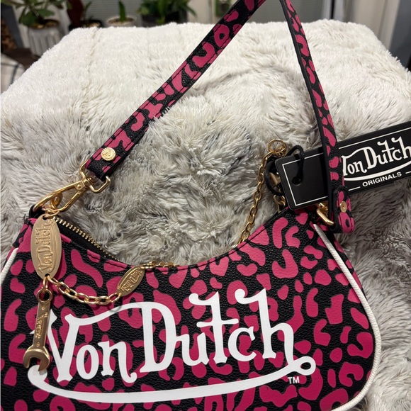 Von Dutch Black and Pink Leopard Shoulder Bag - Picture 5 of 5